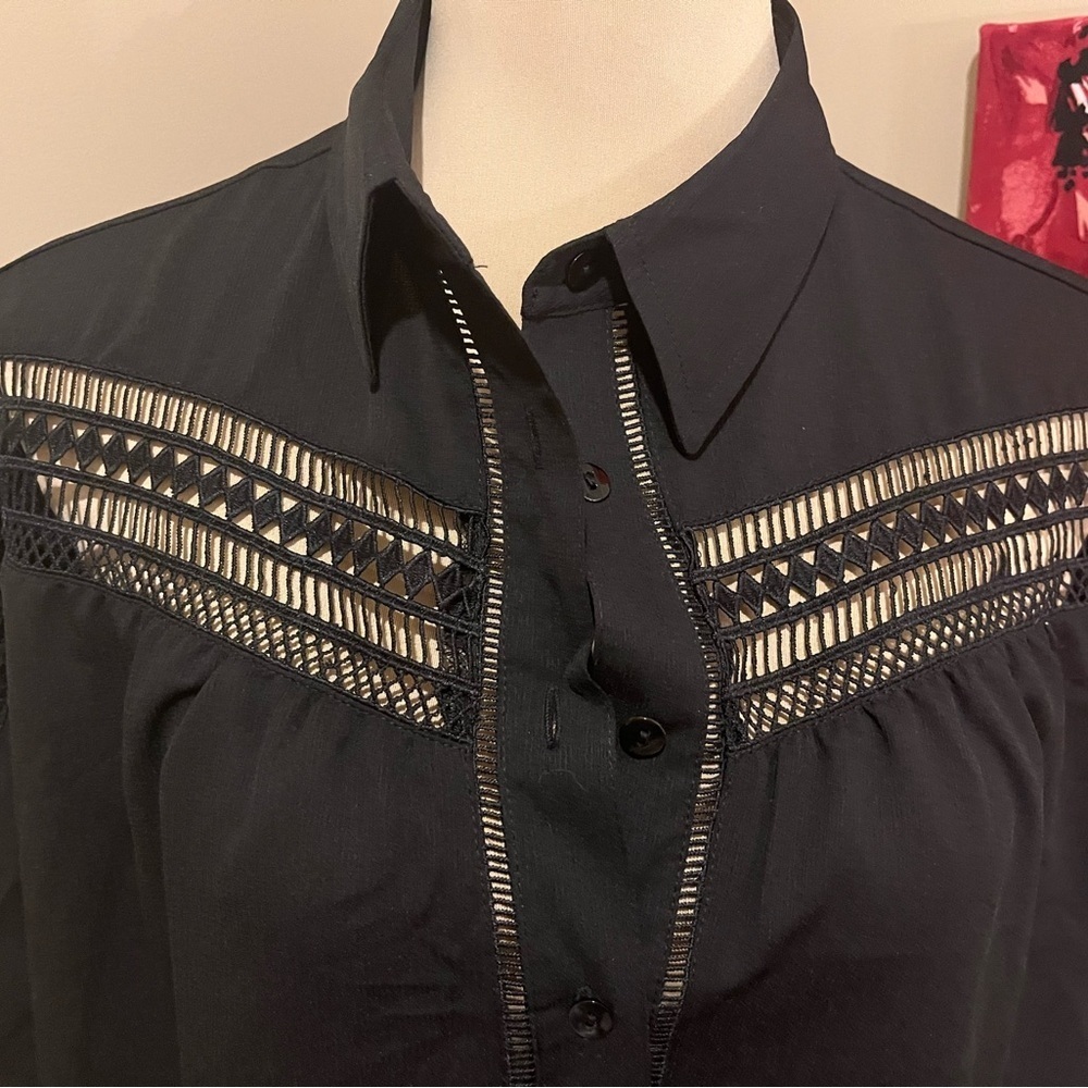 Cowgirl Up Black Western Oversized Crochet panels,  Dressy Blouse, size Large - Picture 2 of 8